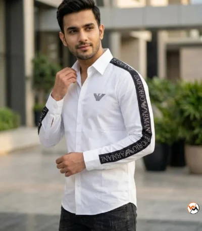 Emporio Armani white shirt for men with signature arm stripes and chest eagle logo – white shirt for men – photo 1