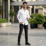 Emporio Armani white shirt for men with signature arm stripes and chest eagle logo – white shirt for men – photo 4
