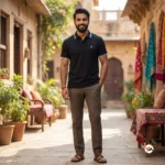 Essential Men Black Polo T-Shirt with Contrast Striped Collar – black polo t-shirt – photo 1