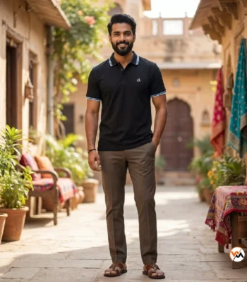 Essential Men Black Polo T-Shirt with Contrast Striped Collar – black polo t-shirt – photo 1