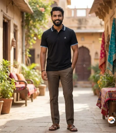 Essential Men Black Polo T-Shirt with Contrast Striped Collar – black polo t-shirt – photo 1
