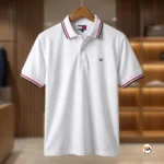 Essential mens polo t-shirt in white with striped collar – mens polo t-shirt – photo 1