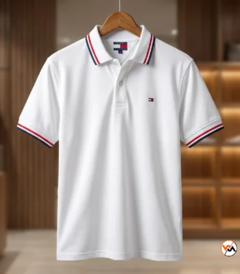 Essential mens polo t-shirt in white with striped collar – mens polo t-shirt – photo 1