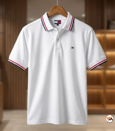 Essential mens polo t-shirt in white with striped collar – mens polo t-shirt – photo 1