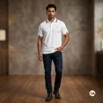 Essential mens polo t-shirt in white with striped collar – mens polo t-shirt – photo 2