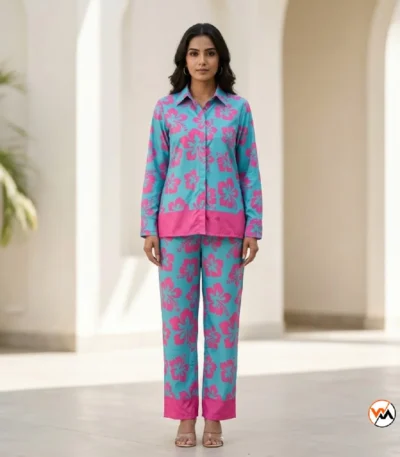 Exclusive Floral Women's Co-ord Set with Vivid Blue and Pink Tones – Women's Co-ord Set – photo 1