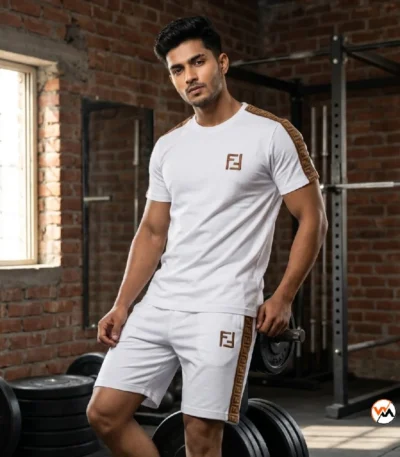 Exclusive Men Co-ord Set in White with Brown Trim – Men Co-ord Set – photo 1