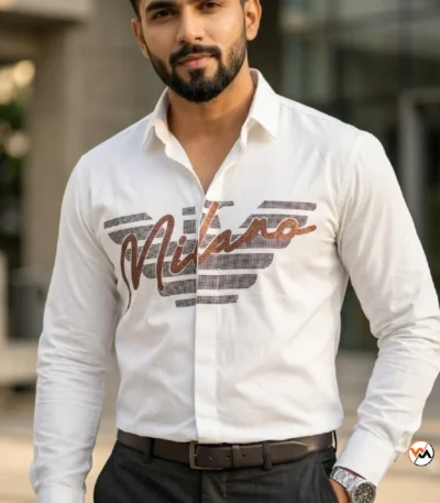 Exclusive Mens White Shirt with Milano Chest Embellishment – Mens White Shirt – photo 1