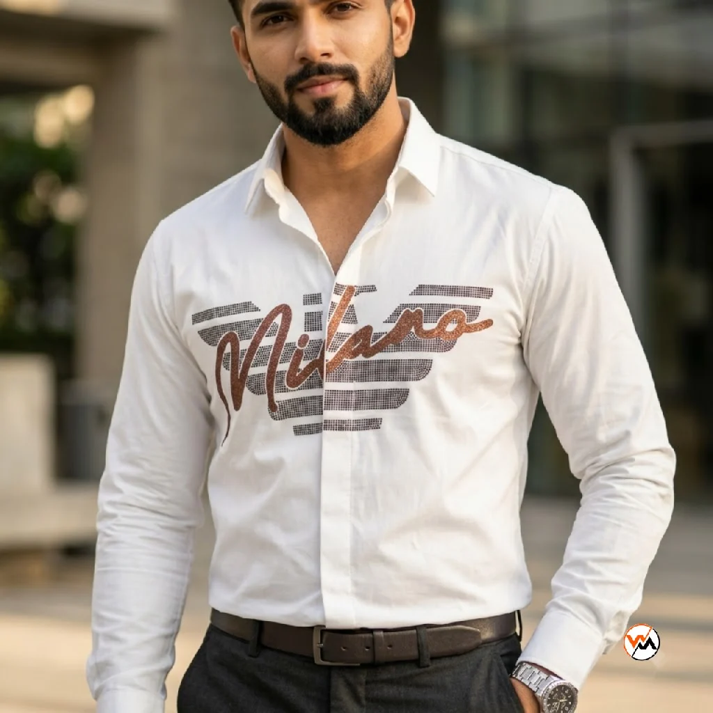 Exclusive Mens White Shirt with Milano Chest Embellishment – Mens White Shirt – photo 1