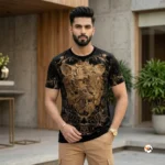 Iconic black mens t-shirt featuring striking metallic tiger print design – mens t-shirt – photo 1