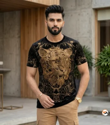 Iconic black mens t-shirt featuring striking metallic tiger print design – mens t-shirt – photo 1