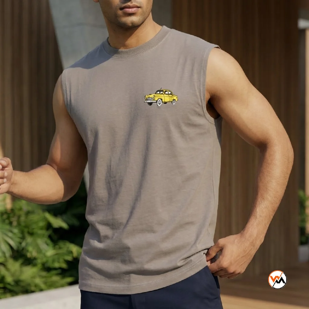 Iconic mens sleeveless t-shirt in grey with yellow car print – mens sleeveless t-shirt – photo 1