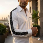 Louis Vuitton White Men Shirt With Black Sleeve Tape – white men shirt – photo 1