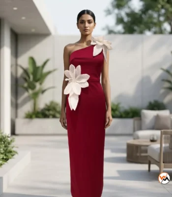 Luxurious Red Women Bodycon Dress With Floral Appliques – women bodycon dress – photo 1
