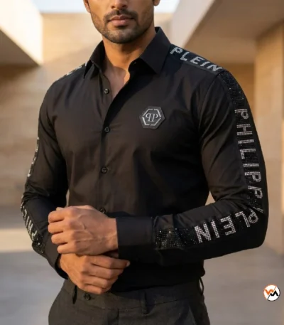 Luxury mens black shirt featuring crystal lettered sleeve bands and monogram patch – mens black shirt – photo 1
