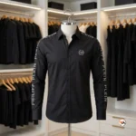 Luxury mens black shirt featuring crystal lettered sleeve bands and monogram patch – mens black shirt – photo 2