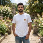 Luxury white t shirt featuring a distinct chest pocket and monogram pattern – white t shirt – photo 1