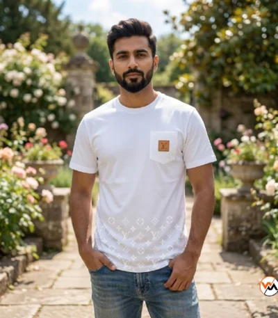 Luxury white t shirt featuring a distinct chest pocket and monogram pattern – white t shirt – photo 1