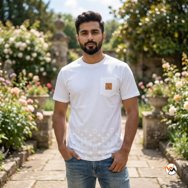 Luxury white t shirt featuring a distinct chest pocket and monogram pattern – white t shirt – photo 1