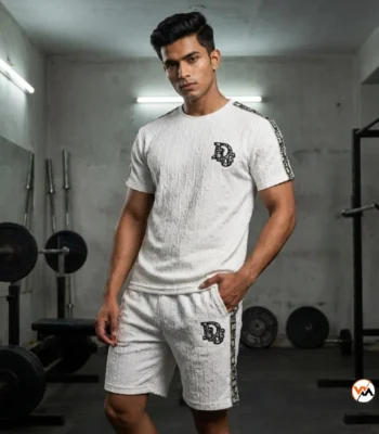 Men white co-ord set featuring an exclusive textured pattern and matching shorts – white co-ord set – photo 1