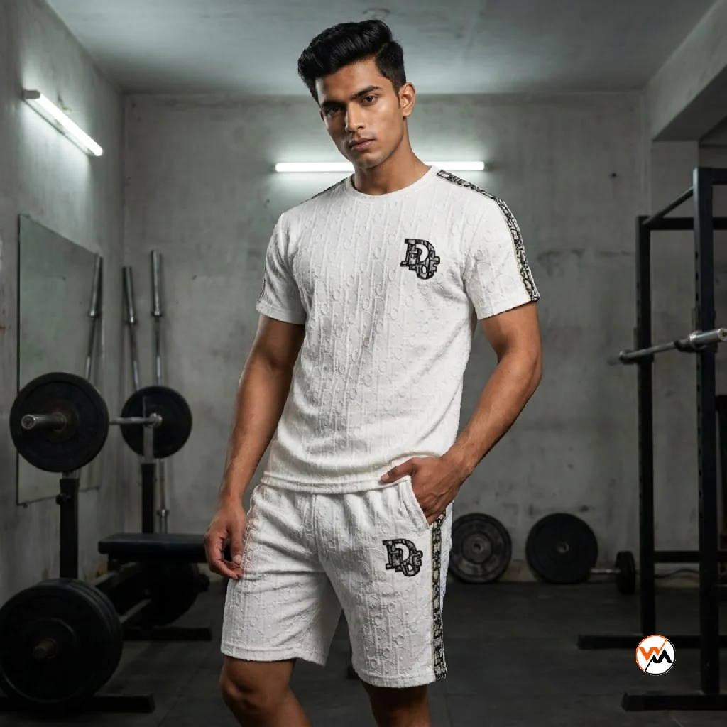 Men white co-ord set featuring an exclusive textured pattern and matching shorts – white co-ord set – photo 1