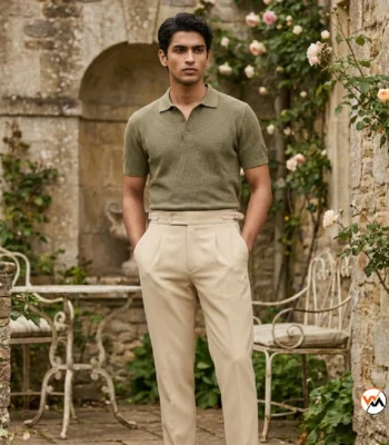 Men's beige trousers bring an essential luxury look to modern wardrobes with tailored pleated styling. – beige trousers – photo 1