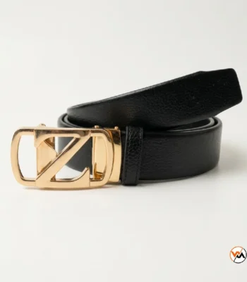 Mens black belt with gold buckle and textured leather strap – mens black belt – photo 1