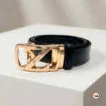 Mens black belt with gold buckle and textured leather strap – mens black belt – photo 2