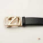 Mens black belt with gold buckle and textured leather strap – mens black belt – photo 3