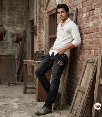 Mens black jeans featuring a distinctive front graphic and contrast topstitching for an elite style statement – mens black jeans – photo 1