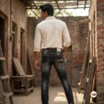 Mens black jeans featuring a distinctive front graphic and contrast topstitching for an elite style statement – mens black jeans – photo 3