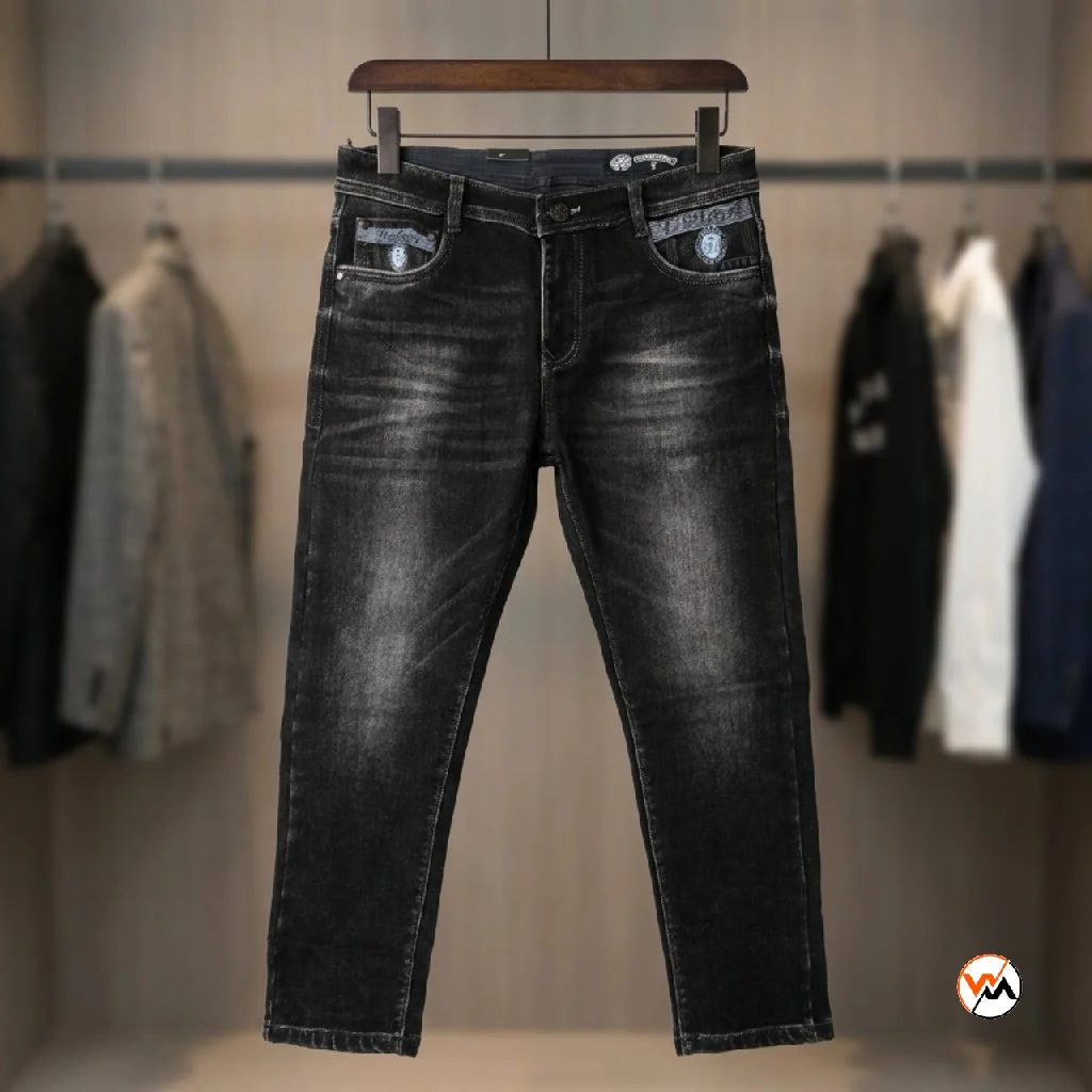 Mens black jeans featuring exclusive washed distressing and custom front pocket panels for sophisticated daily wear. – Mens black jeans – photo 1