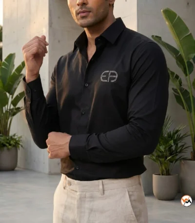 Mens black shirt featuring an exclusive embroidered monogram and classic long sleeves – mens black shirt – photo 1