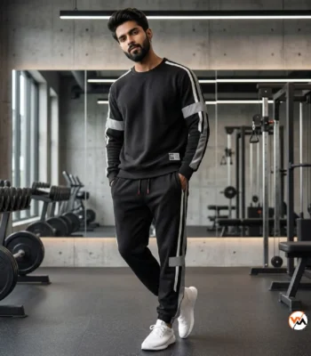 Mens black tracksuit featuring an exclusive activewear design with contrast stripes – mens black tracksuit – photo 1