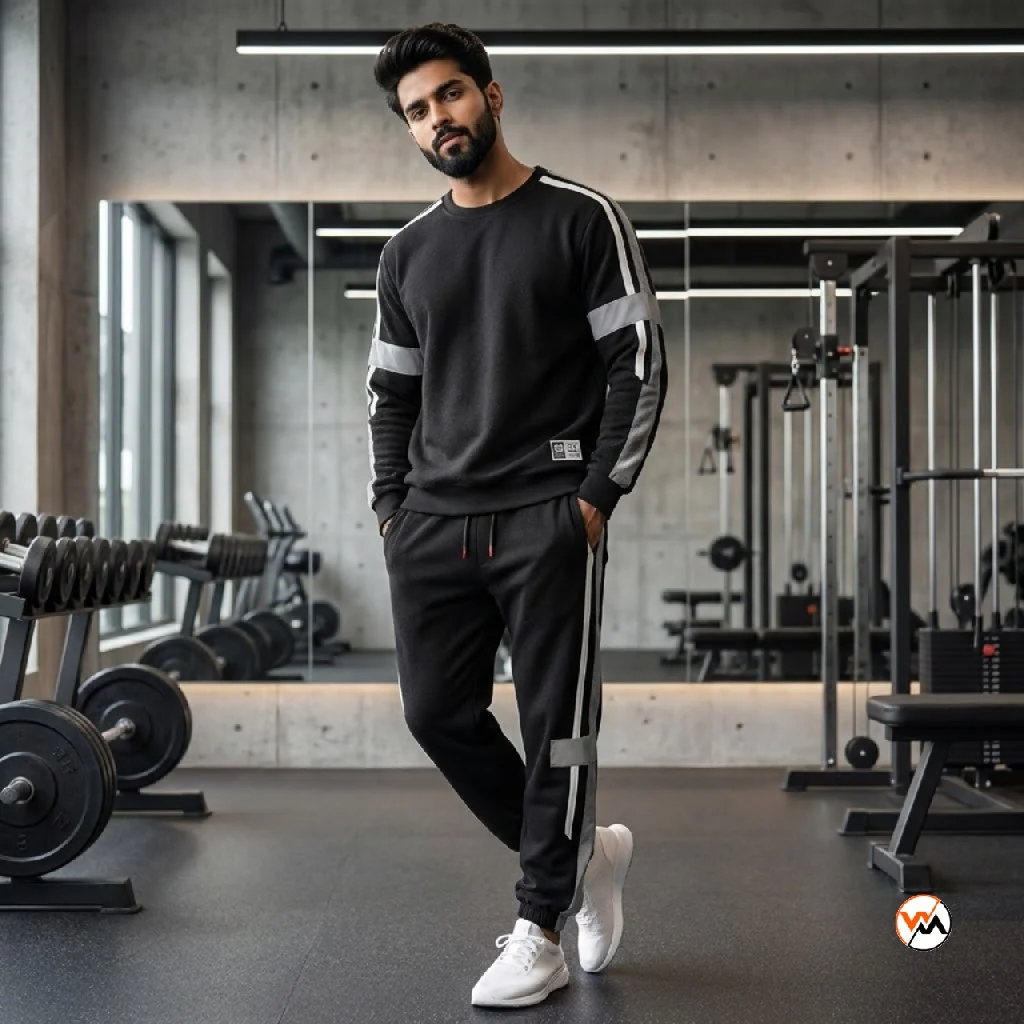 Mens black tracksuit featuring an exclusive activewear design with contrast stripes – mens black tracksuit Mens black tracksuit featuring an exclusive activewear design with contrast stripes – mens black tracksuit – photo 1