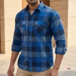 Mens blue flannel shirt featuring an iconic checked pattern and dual chest pockets – blue flannel shirt – photo 1