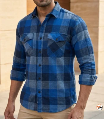 Mens blue flannel shirt featuring an iconic checked pattern and dual chest pockets – blue flannel shirt – photo 1