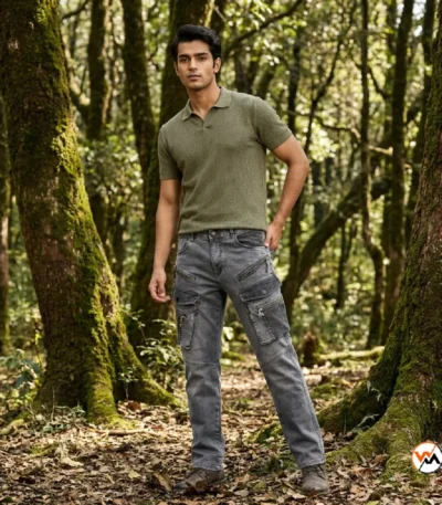 Mens grey cargo jeans with multiple utility pockets featuring an elite wash and durable construction for everyday wear. – grey cargo jeans – photo 1