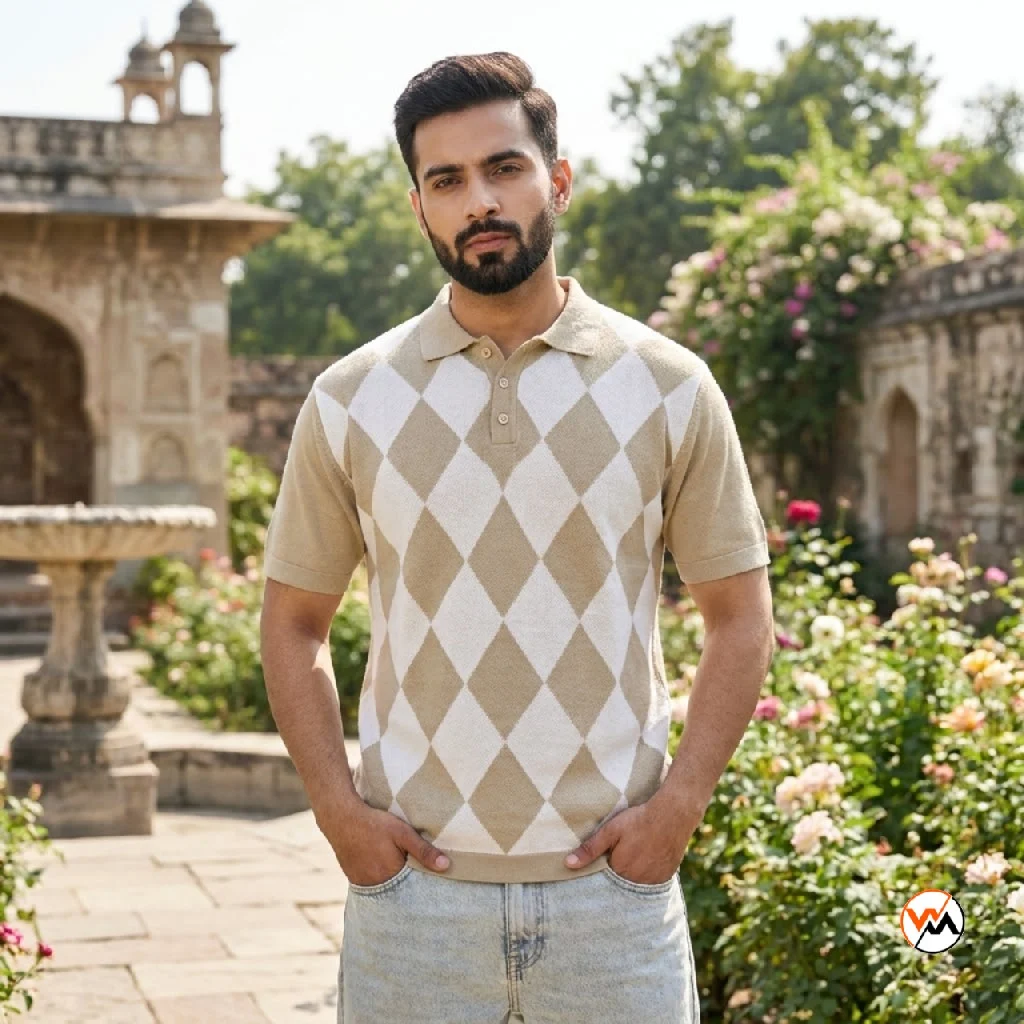 Men's Iconic Argyle Knit T-Shirt in Beige and White – argyle knit t-shirt – photo 1