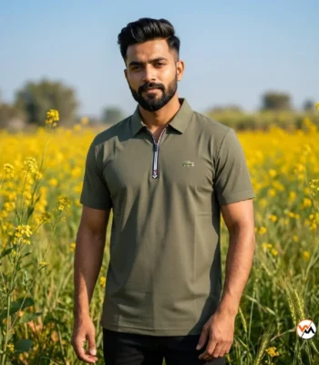 Mens olive green zipper polo t-shirt with classic collar – zipper polo t-shirt – photo 1