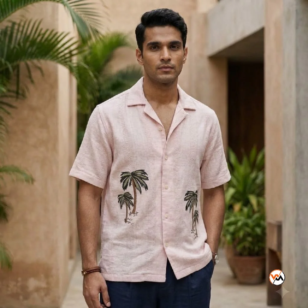 Mens Pink Essential Shirt with Palm Print – mens pink shirt – photo 1