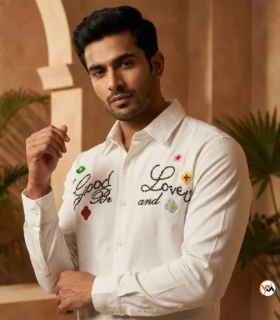NEW MIU Exclusive Mens White Printed Shirt With Embroidery – Mens White Printed Shirt – photo 1