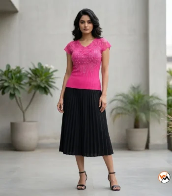 Pink lace top for women featuring crystal embellishments and short sleeves – pink lace top – photo 1