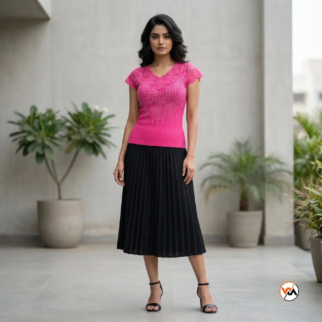 Pink lace top for women featuring crystal embellishments and short sleeves – pink lace top Pink lace top for women featuring crystal embellishments and short sleeves – pink lace top – photo 1