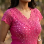 Pink lace top for women featuring crystal embellishments and short sleeves – pink lace top – photo 4