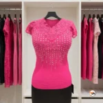 Pink lace top for women featuring crystal embellishments and short sleeves – pink lace top – photo 5