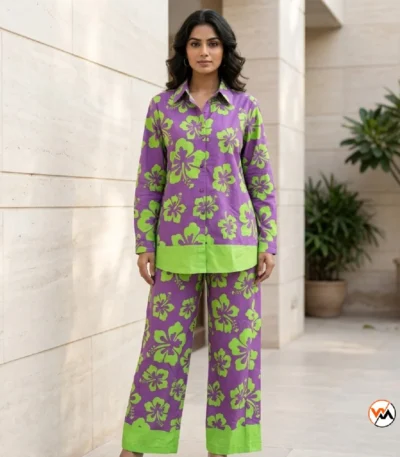 Purple co-ord set featuring an exclusive floral print design for women – purple co-ord set – photo 1