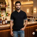 Ultimate black polo t-shirt for men with textured check pattern and contrast stripes – black polo t-shirt – photo 1