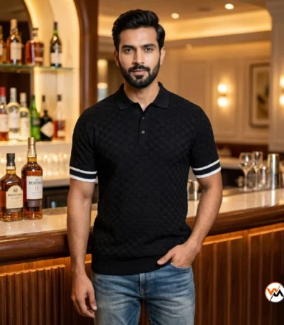 Ultimate black polo t-shirt for men with textured check pattern and contrast stripes – black polo t-shirt – photo 1