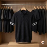 Ultimate black polo t-shirt for men with textured check pattern and contrast stripes – black polo t-shirt – photo 2